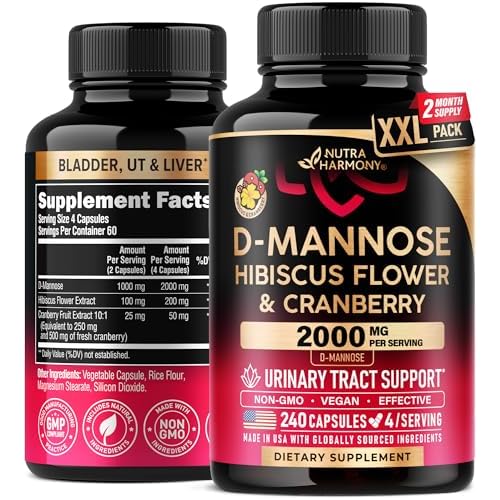 D-Mannose 2000mg with Cranberry & Hibiscus - Clinically Tested Strength for Urinary Tract Health - Supplement for Women - Bladder, Liver & Microflora