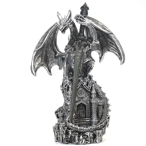 Dragon Statue with Medieval Sword-Collection Figurine Fantasy Decor - Silvery Dragon Standing Gothic Castle for Tabletop Bookshelf Housewarming Gifts