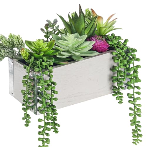Der Rose 10 Pcs Assorted Fake Succulents Plants Artificial in Rectangular Wooden Pots for Farmhouse Dinning Coffee Table Centerpiece Windowsill Shelf