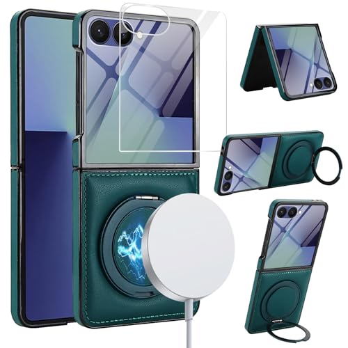 for Samsung Galaxy Z Flip 7 Case with Magnetic Ring Holder, 360 Rotating Bracket, Built-in Front Screen Protector, Slim Anti-Drop Shockproof Case.(Gre