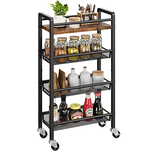 Garvee Slim Kitchen Cart, Small Serving Cart, 4 Tier Kitchen Rolling Cart with Lockable Wheels, Mini Liquor Bar Cart for Narrow Spaces, Apartment, Din