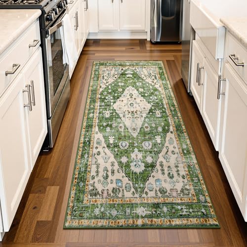 Lahome Boho Tribal Runner Rug - 2x4.3 Green Bohemian Kitchen Runners Small Bedroom Rugs, Distressed Soft Washable Non Slip Throw Carpet Runner for Doo
