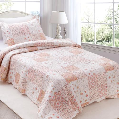 KASENTEX Twin Quilt Set, Reversible Floral Patchwork Bedspread, 2 Pieces Bedding Sets with 1 Sham, Soft Lightweight Coverlet, All-Season (Pink Floral