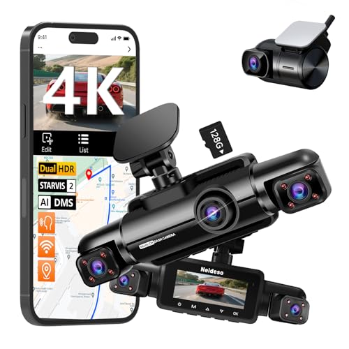 Dash Cam 4K 4 Channel, STARVIS 2 IMX675 Sensor AI Dashcam with Driver Monitor System, 4K+1080P*3 Car Camera, 360° Dash Camera 5G WiFi GPS, 128GB SD C
