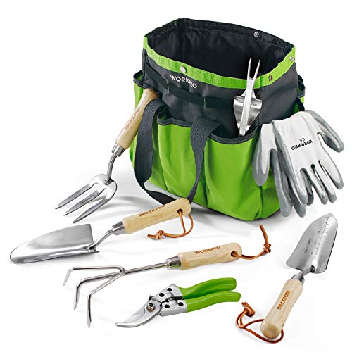 WORKPRO Garden Tools Set, 8 Piece, Stainless Steel Heavy Duty Gardening Tools with Wooden Handle, Including Garden Tote, Gloves, Trowel, Hand Weeder,