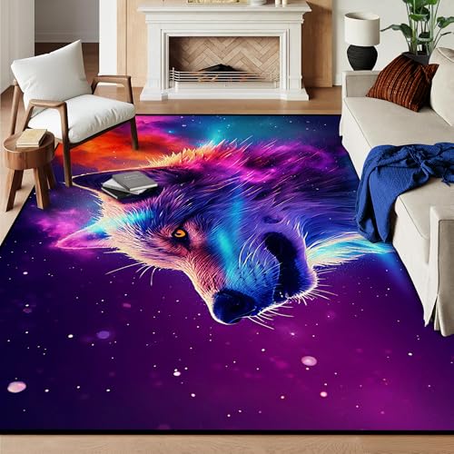 6' x 9' Galaxy Wolf Rug Large 3D Fierce Wolves Space Area Rugs for Bedroom Living Room Playroom Gameroom Boys Kids Colorful Glitter Throw Rugs Floor M
