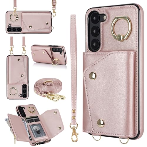 for Samsung Galaxy S24 Plus Luxury Zipper Wallet Case with Ring, Multi Card Holder Adjustable Crossbody Strap, Fashion Wallet Bag.(Rosegold) RoseGold