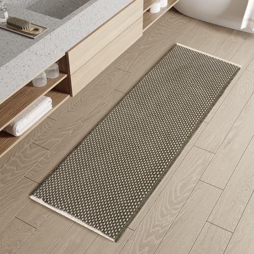 Checkered Bathroom Runner Rug Super Absorbent Non Slip Bath Mat Two Tone Woven Quick Dry Long Bath Rugs Washable Runners for Hallways Bedroom Laundry