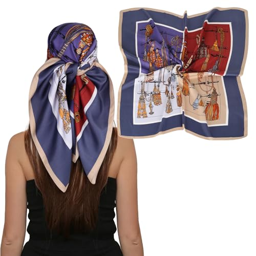 EXTREE Women's 35 inch Fashion Headscarf Silk Satin Scarf for Hair Wrapping at Night Bandana Square Scarf for Sleeping Hanging Tassel Jigsaw Puzzle Pu