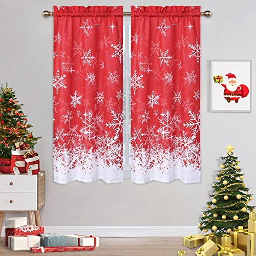 Garvee Cafe Curtains 45 inches Long Christmas Home Decor Basement Xmas Snowflake Pattern Kitchen Window Curtain Panels Window Treatment Drapes, Set of