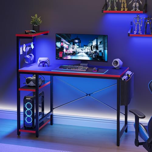 Bestier Gaming Desk with LED Lights, 44 Inch PC Gamer Desk for Small Spaces, Computer Desk with Reversible Storage Shelves & Side Storage Bag (Black 3
