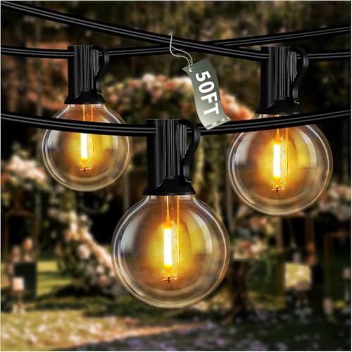 DAYBETTER 50FT Outdoor String Lights Waterproof,Patio Lights with 25 Shatterproof Dimmable LED Edison Bulbs(+1 Spare),Connectable G40 Globe String Lig