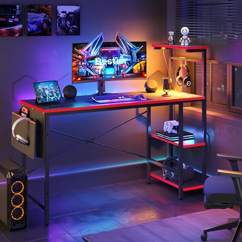 Bestier Gaming Desk with LED Lights, 51.3 Inch Computer Desk with 4 Tiers Reversible Shelves, Gamer Desk with Side Storage Bag, Hooks and Height Adjus