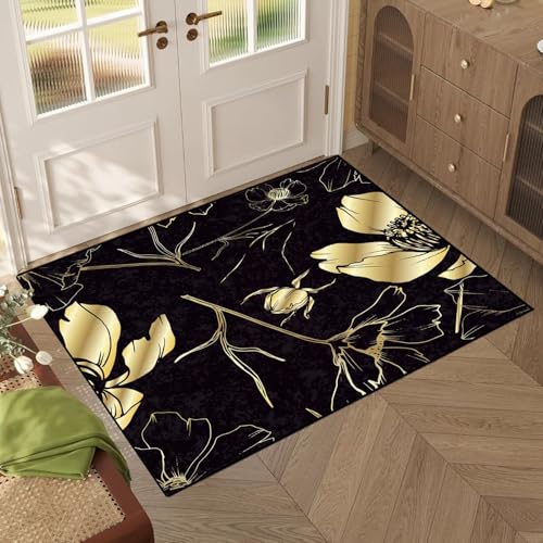 3' x 5' Flower Rug Gold Floral Area Rugs for Indoor Entryway Living Room Bedroom Dorm Luxury Black Gold Flower Design Carpet Doormat Floor Mat Flower