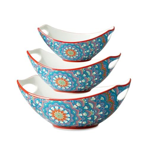 LAUCHUH Serving Bowls with Handles, Bohemian Porcelain Serving Dishes for Entertaining Colorful Nesting Bowls Salad Bowls for Kitchen, Thanksgiving, C