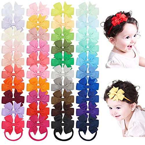 jollybows 40pcs Baby Girls Grosgrain Ribbon Hair Bows Headbands 3" Hair Band Hair Accessories for Infants Newborn Toddler B- newborn bows