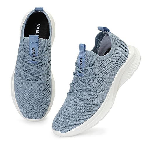 VAMJAM Men's Running Shoes Fashion Sneakers Lightweight Breathable Flying Knitting Lace Up Mesh Walking Shoes Workout Casual Sports Shoes 14 Light Blu