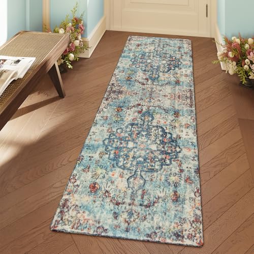 Lahome Bohemian Floral Medallion Runner Rug - 2x6 Hallway Laundry Rug Runner Washable Kitchen Sink Mat Distressed Turkish Non-Slip Soft Bedside Carpet