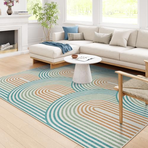 Moynesa Abstract Rainbow Washable Area Rug 6x9, Soft Ultra-Thin Rugs for Bedroom Boys Non Slip Playroom Rug, Mid Century Modern Colored Orange Green L