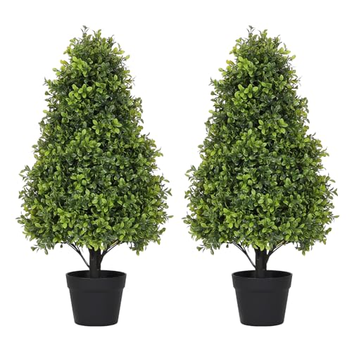 30" Artificial Boxwood Faux Plants Outdoor, UV Resistant Topiary Trees Realistic Cone-Shaped Fake Bushes and Shrubs Potted Fakeplants Set of 2 for Fro