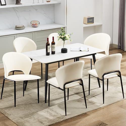 Dining Chairs Set of 6 Mid Century Modern Upholstered Chair with Metal Legs Faux Leather Mid-Back Accent Chair for Kitchen and Dining Room (White,6 Pa