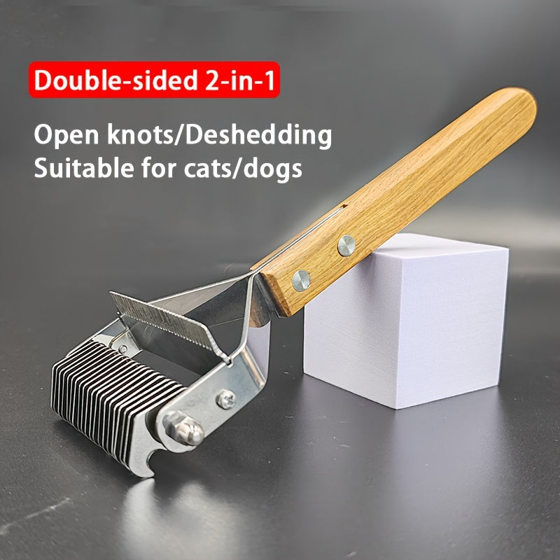 TEMU 2-in-1 Pet Hair Removal Comb & Brush For Dogs - Stainless Steel Detangling Comb With Wooden Handle, Removes & Loose Hair, Undercoat Comb For