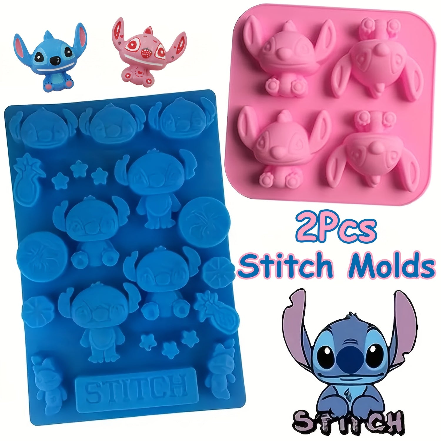 TEMU 2pcs Stitch Baking Molds, Cute Stitch Silicone Mold For Diy Fondant Candy Making Chocolate Molds Lollip Dessert Ice Cube Clay Soap Cookie Gypsum