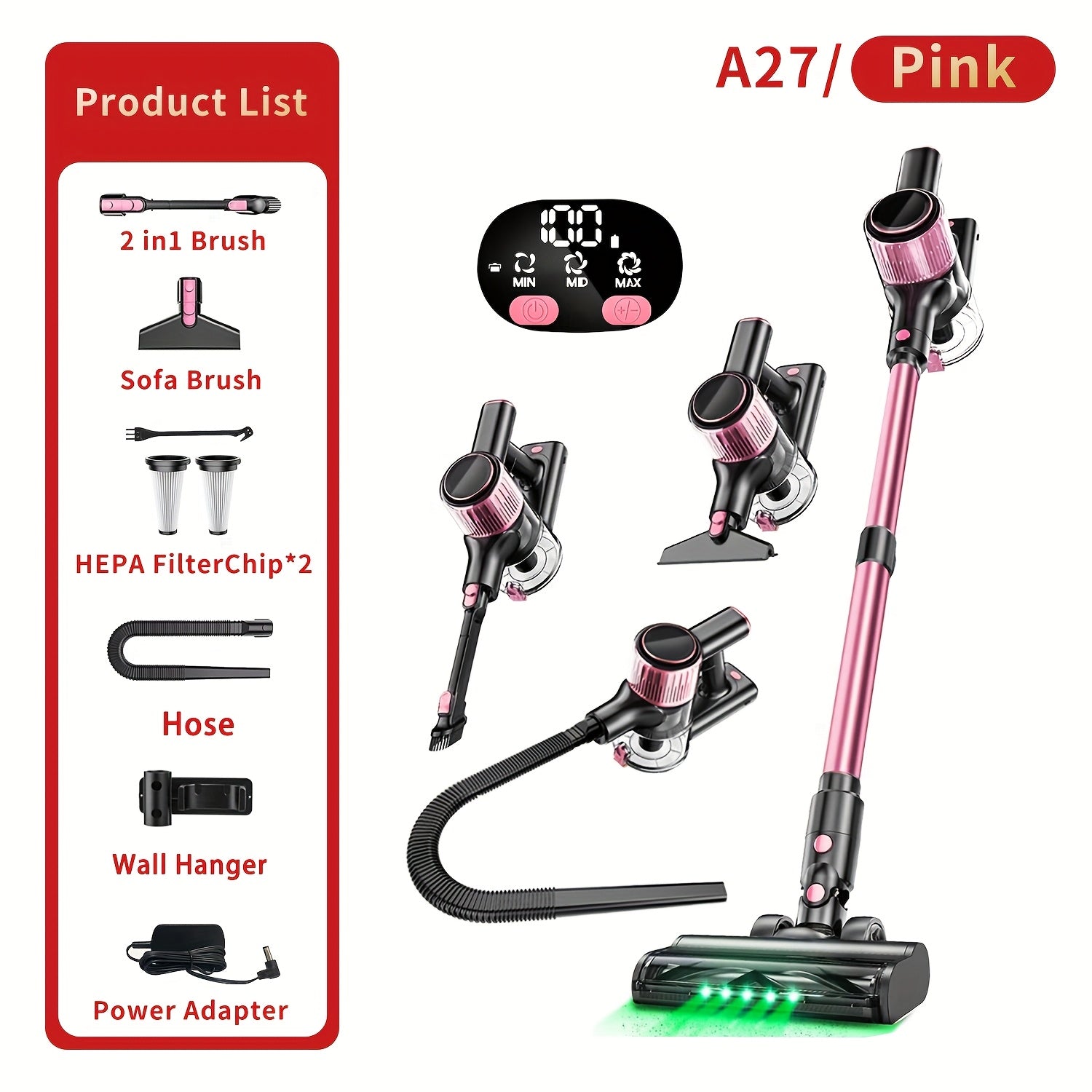 TEMU Car Lightweight Handheld Vacuum Cleaner, Powerful Suction, 10-in-1 Cordless Vacuum Cleaner With Upgraded Extra Long Hose And Upgraded Green