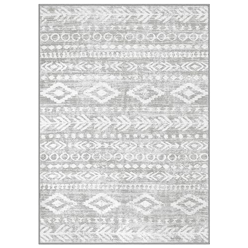 Lahome Boho Moroccan Area Rugs 5x7, Washable Grey Rugs for Bedroom Non-Slip, Low-Pile Soft Tribal Print Living Room Rug, Non-Shed Neutral Geometric In