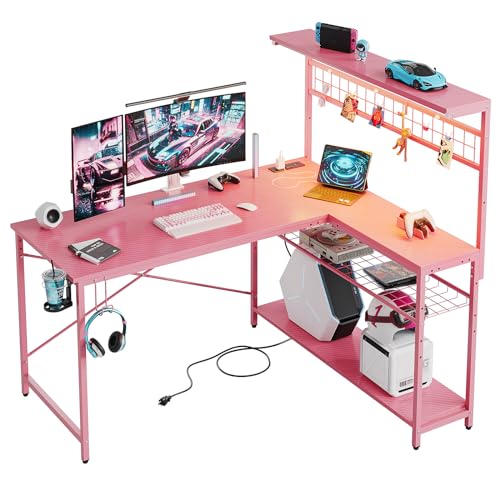 Bestier Gaming Desk 51" L-Shaped, with Power Outlets & LED Lights- 4 Tier Shelves, Reversible Gamer Table with Hooks & Cup Holder for Home Office Carb