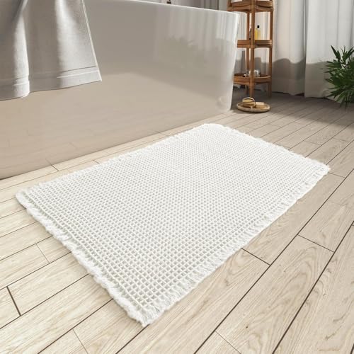 AMOAMI Upgraded Waffle Bath Mat, Super Absorbent Non Slip Bath Mats for Bathroom Floor, Machine Washable Bathroom Boho Rugs with Tassels, Rubber Backe