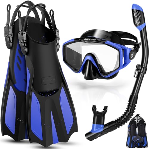 Odoland Snorkel Set with Diving Mask and Swim Fins, Wide View Dry Top Scuba and Flippers, Anti-Fog Anti-Leak Snorkeling Gear for Men Women Adult and Y
