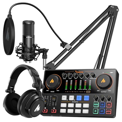 MAONO Podcast Equipment Bundle: Audio Interface, XLR Condenser Mic and Headphones with Dual XLR Input, Quick to Mute, Noise Reduction, 8 Customize sou