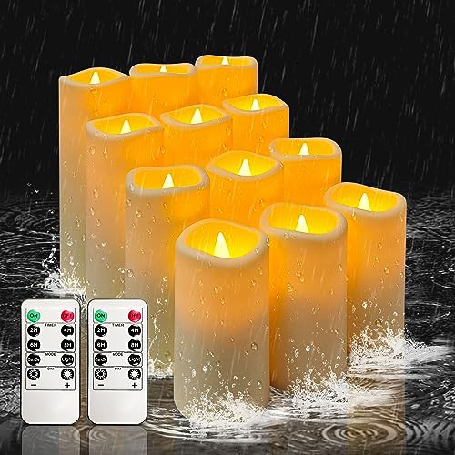 YIWER Waterproof Outdoor Flameless Candle, 12 Pcs Plastic Candles Pillars, 4" 5" 6" 7" LED Candles and 10-Key Remote Control with 2-4-6-8-hours Timer