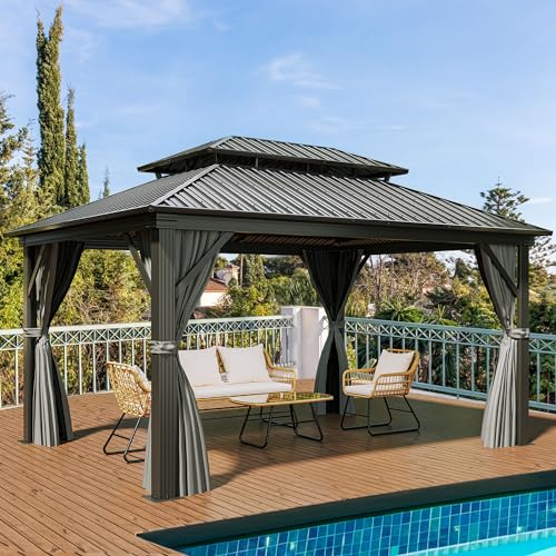 YITAHOME 12x16ft Hardtop Gazebo with Nettings and Curtains, Heavy Duty Double Roof Galvanized Steel Outdoor Combined of Vertical Stripes Roof for Pati