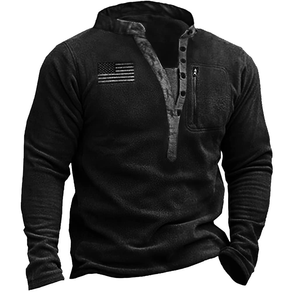 Akivide Men's Tactical Fleece Zip Up Hooded Sweatshirt Casual Vintage Long Sleeve Pullover Winer Thick Hoodie with 5 Pockets Large Black