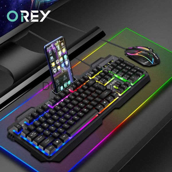 Keyboards Mechanical Feel Wire Gaming Keyboard Mouse Set USB RGB Colorful Luminous Keyboard Mice for PC Gamer Computer With Phone Holder J24