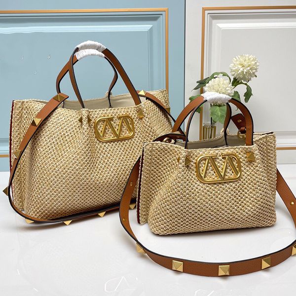 New Style Gold V Raffias Beach Designer Totes Large Travel Handbag with Purse Mother Shoulder Weave Rivet Womens Straw Crossbody Clutch Duff