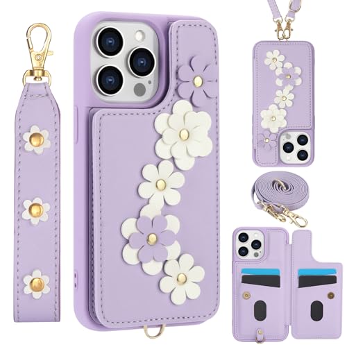 for iPhone 15 Pro Max Wallet Case with 4 Credit Card Holder Slots, Flower Pattern PU Leather Magnetic Clasp Kickstand with Long and Short Strap.-Purpl
