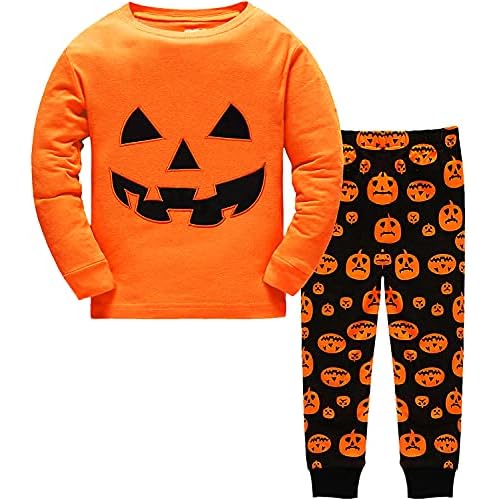 Tkria Kids Pajamas for Boys Skeleton Glow-in-The-Dark Cotton Sleepwear Toddler Clothes Halloween Outfit Size 1-7T… 5T Smile Pumpkin
