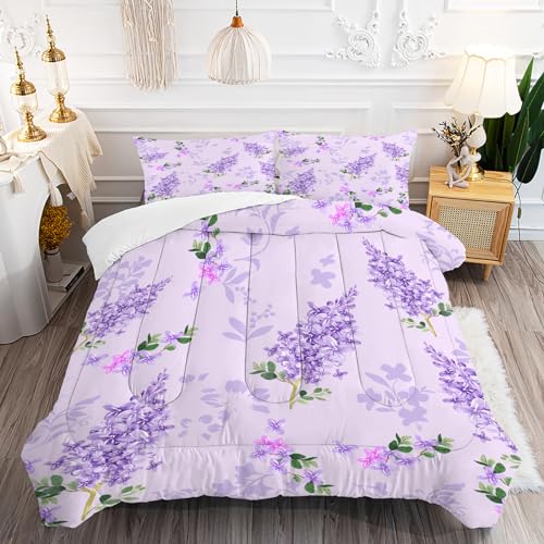 Floral Bedding Sets King Size Purple Vintage Lilac Flower Comforter Set for Girls Women Kids Teens Farmhouse Bedroom Bed Bedspread Quilt,1 Comforter +