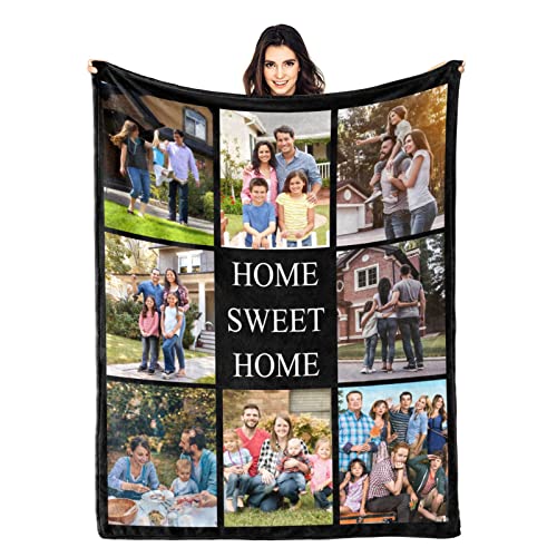 Custom Blanket Personalized Throw Blanket with Home Sweet Home, Customized Throws Blankets with Photo and Text as Gifts for Family, on Mothers Day, Fa