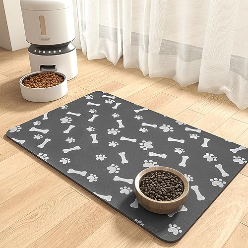 MontVoo Dog Food Mat-Pet Feeding Mat for Food and Water-No Stains Quick Dry Dispenser Cat Bowl Mat for Messy Drinkers(12"x19" Dark Grey)