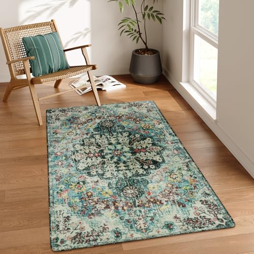 Lahome Bohemian Floral Medallion Area Rug - 3x5 Washable Bedroom Rug Entryway Mat, Non Slip Pet Friendly Turkish Nursery Carpet for Kitchen Sink Campe
