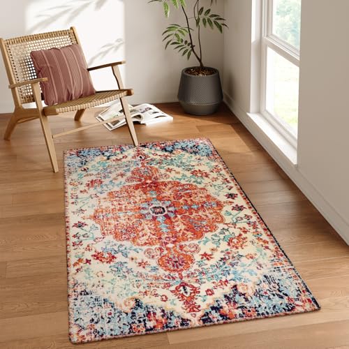 Lahome Bohemian Floral Medallion Area Rug - 3x5 Bedroom Rug Soft Throw Printed Bathroom Kitchen Entry Foyer Mat, Vintage Non-Slip Washable Carpet for