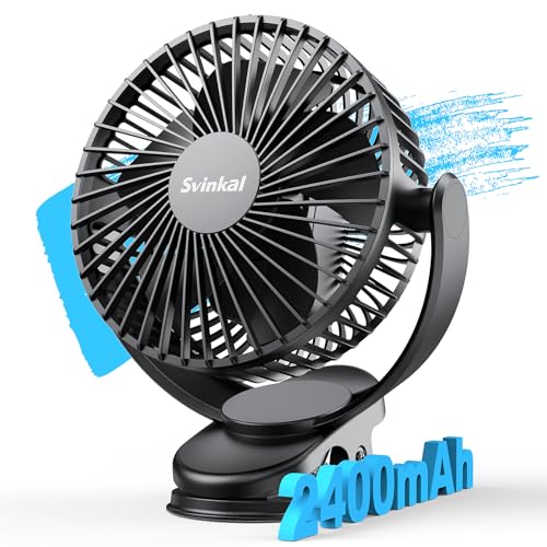 USB Portable Clip on Fan, 2400mAh Battery Type-C 6in, 3 Speed 720° Tilting Head, Black Personal Rechargeable Fan for Desk, Bedside, Golf Cart, Baby S