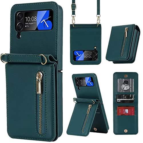 for Samsung Galaxy Z Flip 4 Luxury Zipper Wallet Phone Case, Multi-Function Kickstand Card Holder Adjustable Crossbody Strap, Fashion Flip Case，Perf