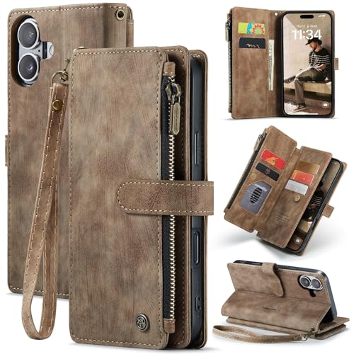 for iPhone 17 Wallet Case with 7 Card Holder Slots Magnetic Zipper Pocket Pouch Flip KicStand Durable Premium Leather PU with Lanyard Strap Wristlet f