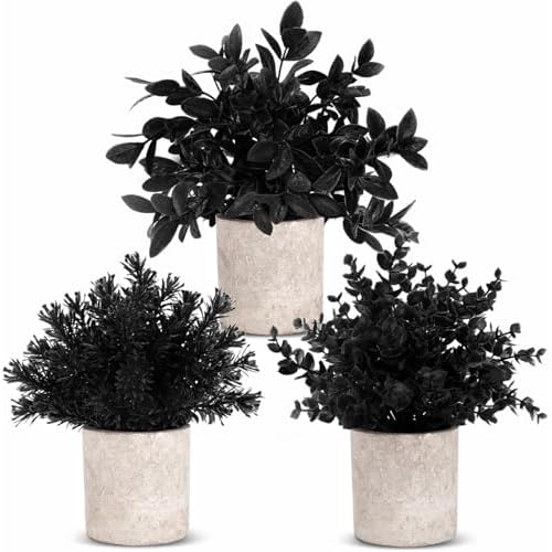 Der Rose 3 Pack Black Mini Potted Fake Plants Decor Artificial Eucalyptus Plants Topiaries for Halloween Black Bathroom Accessories Home Office Desk F
