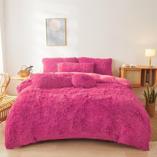 Hot Pink Fluffy Comforter Cover Set King- Ultra Soft Fluffy Fuzzy Bedding Sets 3 Pieces (1 Duvet Cover + 2 Pillow case) hot Pink Plush Bed Set (Hot Pi